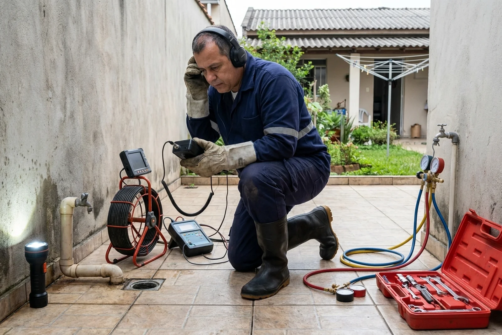 Detecção e reparo de vazamento de esgoto